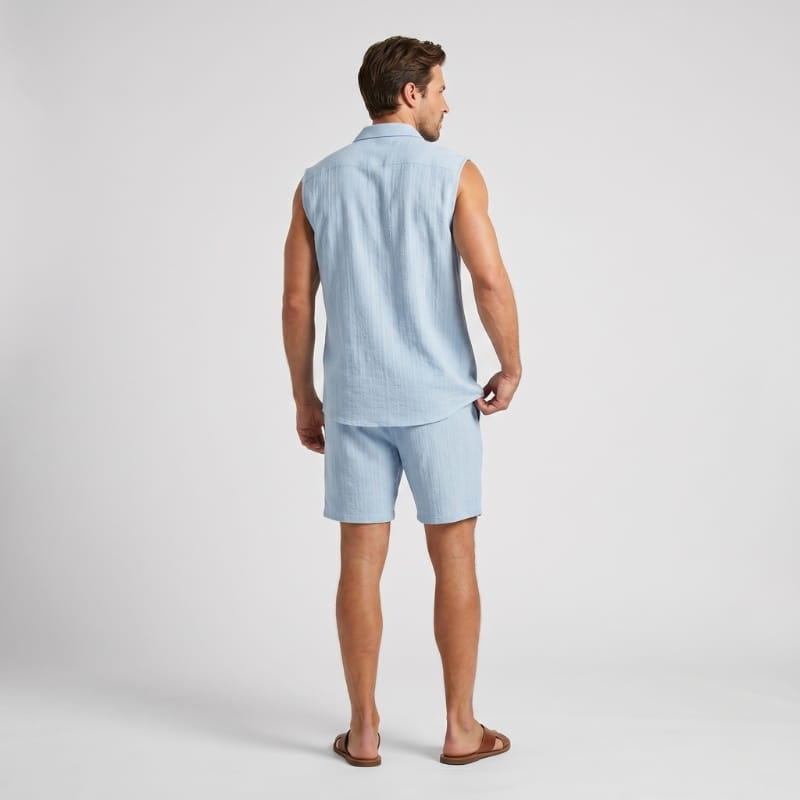 Brion Ribbed Linen Two-Piece Set – Sleeveless Vest Mandarin Collar Drawstring Shorts Outfit