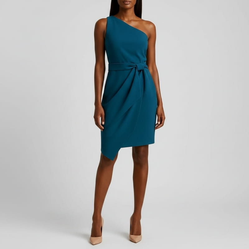 Donna One-Shoulder Draped Waist Mini Dress – Structured Fitted Cocktail Evening Dress