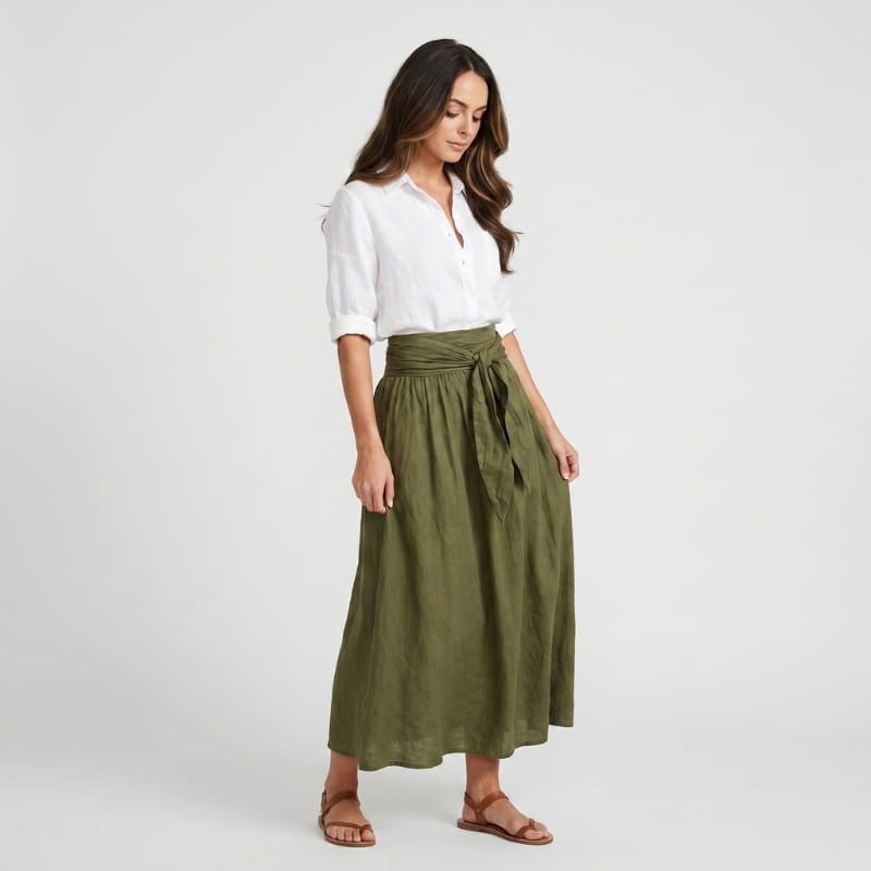 Sofia Linen Two-Piece Set – Lapel Shirt Top Tie Bow Midi Skirt Casual Smart Office Outfit