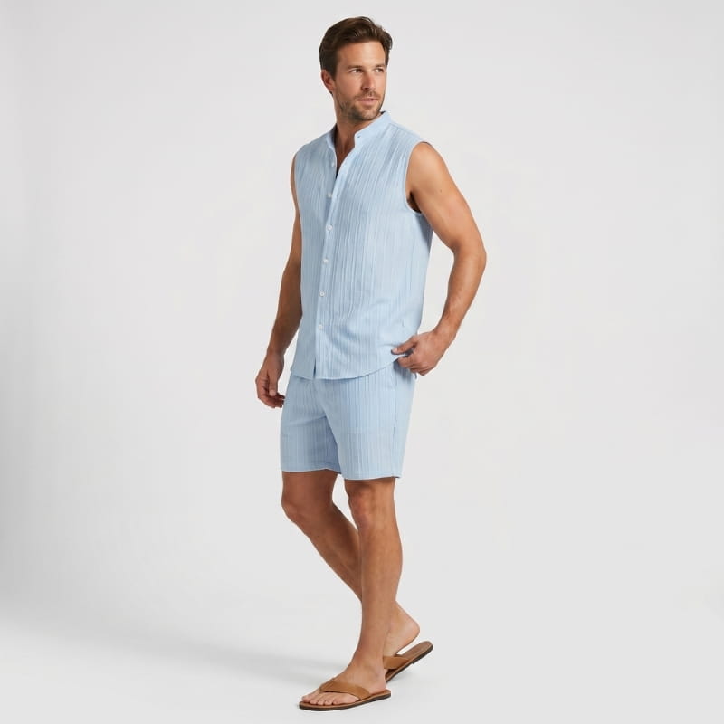 Brion Ribbed Linen Two-Piece Set – Sleeveless Vest Mandarin Collar Drawstring Shorts Outfit