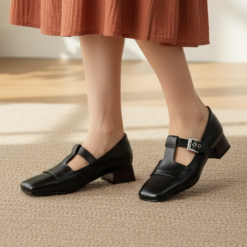 Verona Leather T-Strap Block Heel Pumps – Square Toe Elegant Dress Shoes