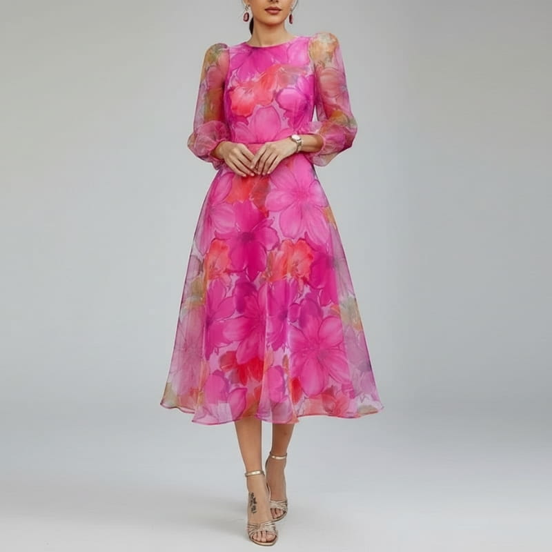 Raiza Floral Chiffon Midi Dress – Sheer Sleeve Romantic Occasion Silhouette