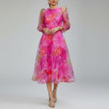 Raiza Floral Chiffon Midi Dress – Sheer Sleeve Romantic Occasion Silhouette