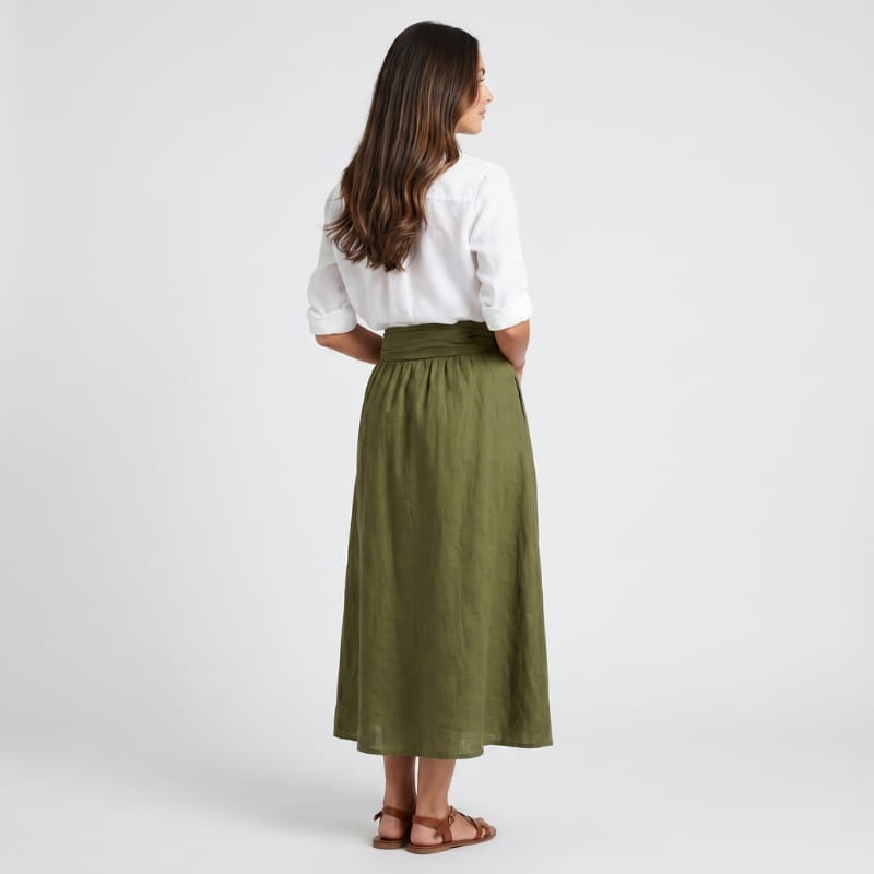 Sofia Linen Two-Piece Set – Lapel Shirt Top Tie Bow Midi Skirt Casual Smart Office Outfit
