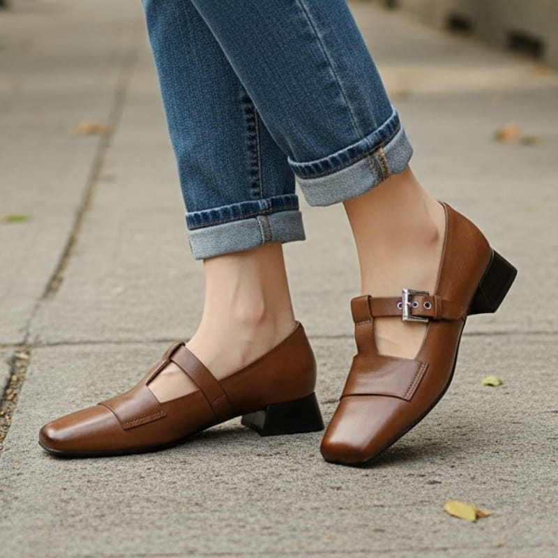 Verona Leather T-Strap Block Heel Pumps – Square Toe Elegant Dress Shoes
