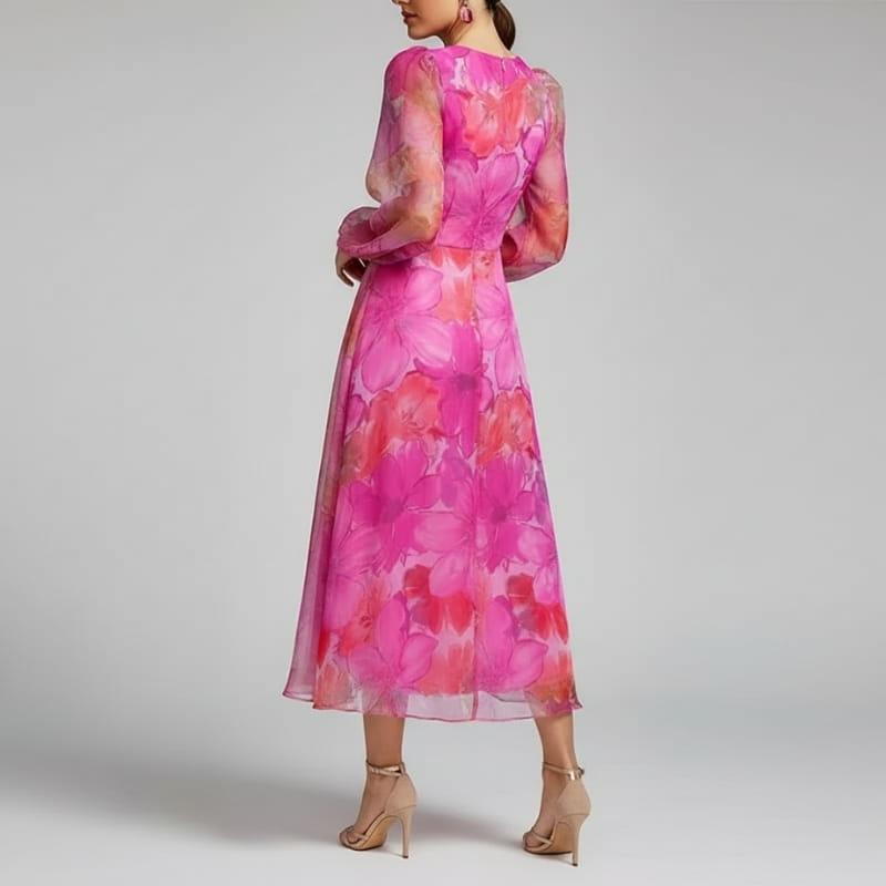 Raiza Floral Chiffon Midi Dress – Sheer Sleeve Romantic Occasion Silhouette