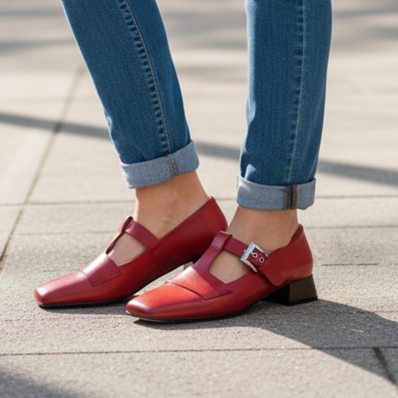 Verona Leather T-Strap Block Heel Pumps – Square Toe Elegant Dress Shoes