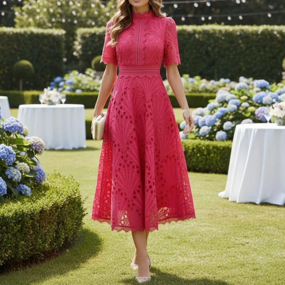Rosalind Cutwork Lace Midi Dress – Elegant A-Line Floral Evening Occasion Wear