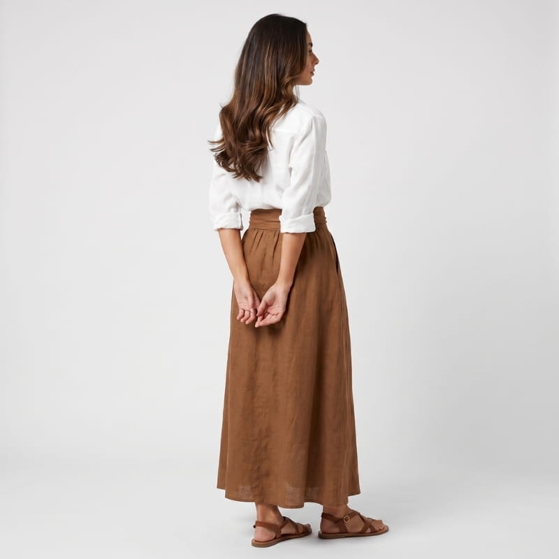 Sofia Linen Two-Piece Set – Lapel Shirt Top Tie Bow Midi Skirt Casual Smart Office Outfit