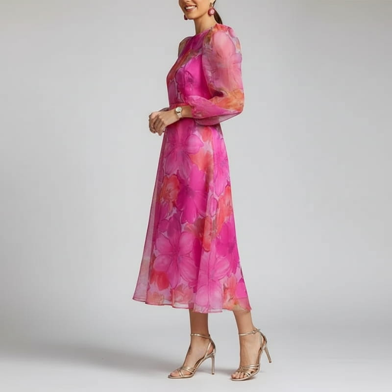 Raiza Floral Chiffon Midi Dress – Sheer Sleeve Romantic Occasion Silhouette