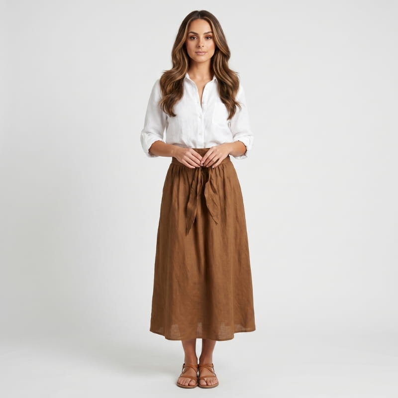 Sofia Linen Two-Piece Set – Lapel Shirt Top Tie Bow Midi Skirt Casual Smart Office Outfit