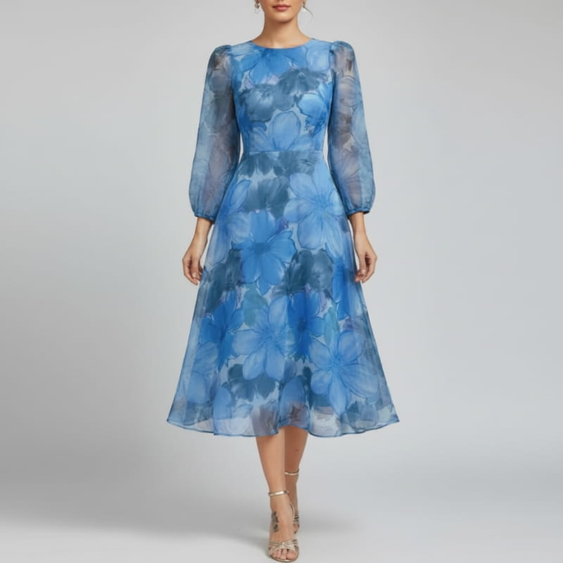Raiza Floral Chiffon Midi Dress – Sheer Sleeve Romantic Occasion Silhouette