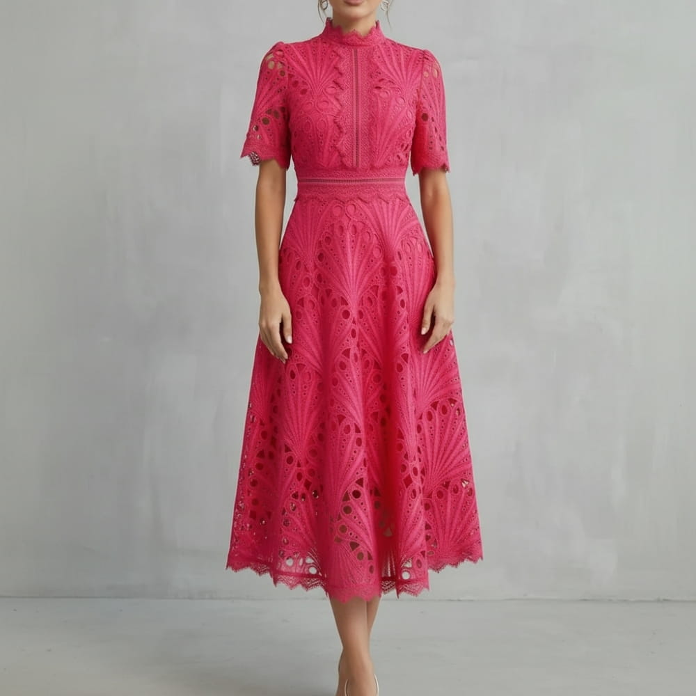 Rosalind Cutwork Lace Midi Dress – Elegant A-Line Floral Evening Occasion Wear