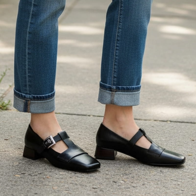 Verona Leather T-Strap Block Heel Pumps – Square Toe Elegant Dress Shoes