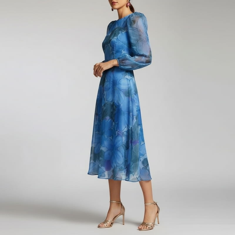 Raiza Floral Chiffon Midi Dress – Sheer Sleeve Romantic Occasion Silhouette