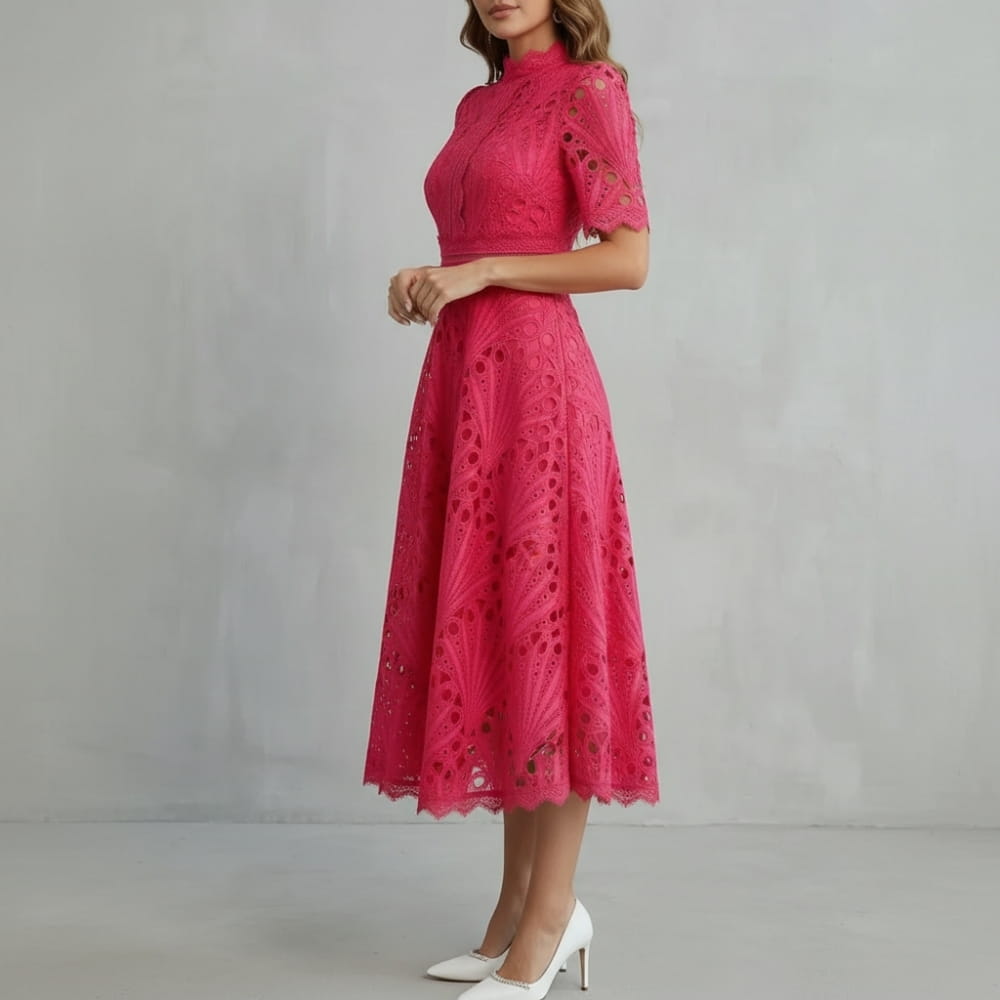 Rosalind Cutwork Lace Midi Dress – Elegant A-Line Floral Evening Occasion Wear