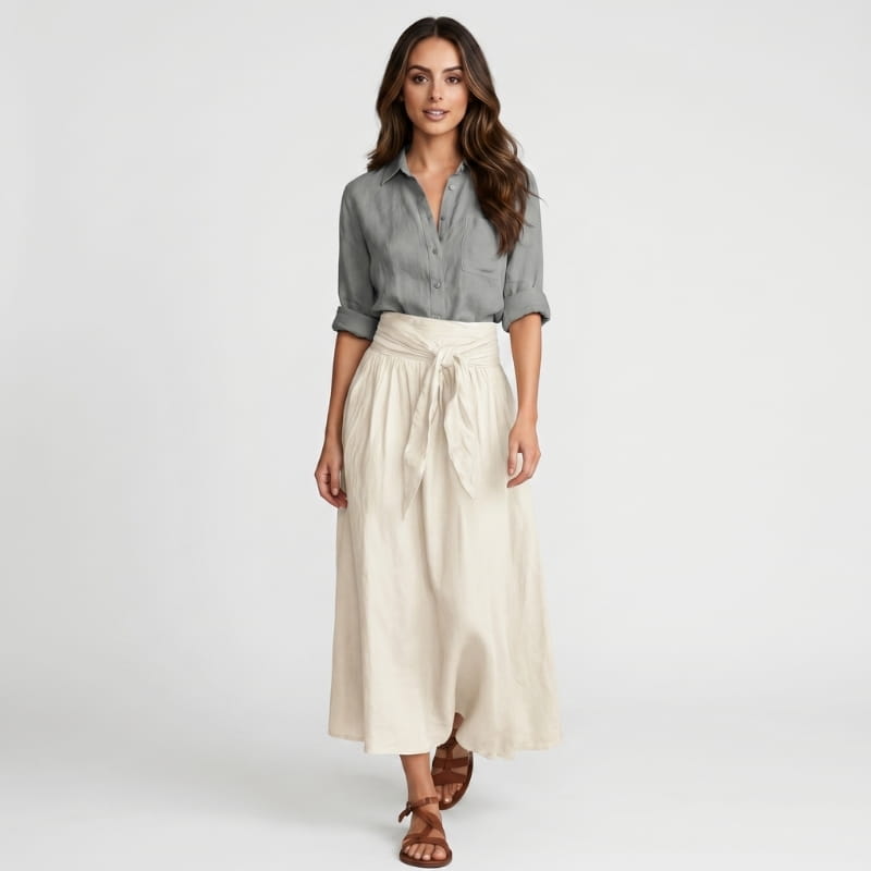 Sofia Linen Two-Piece Set – Lapel Shirt Top Tie Bow Midi Skirt Casual Smart Office Outfit