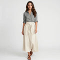 Sofia Linen Two-Piece Set – Lapel Shirt Top Tie Bow Midi Skirt Casual Smart Office Outfit