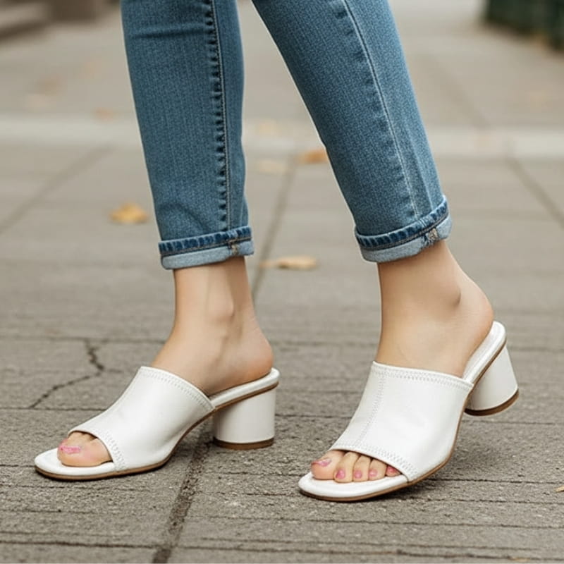 Angela Leather Open Toe Block Heel Mules – Square Toe Mid Heel Elegant Slip On Shoes