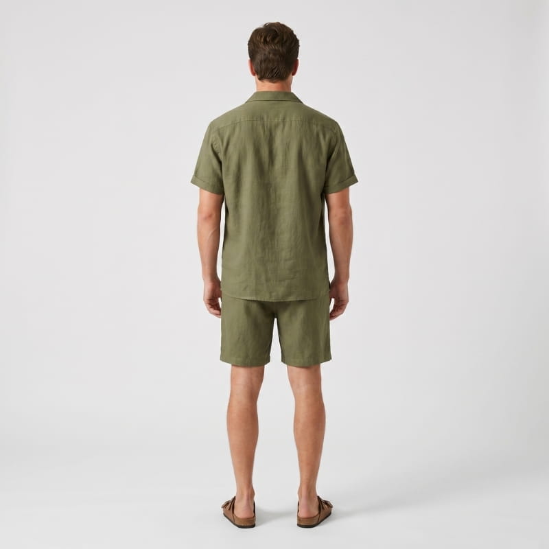 Leon Linen Two-Piece Set – Cuban Collar Shirt Drawstring Shorts Relaxed Summer Casual Outfit