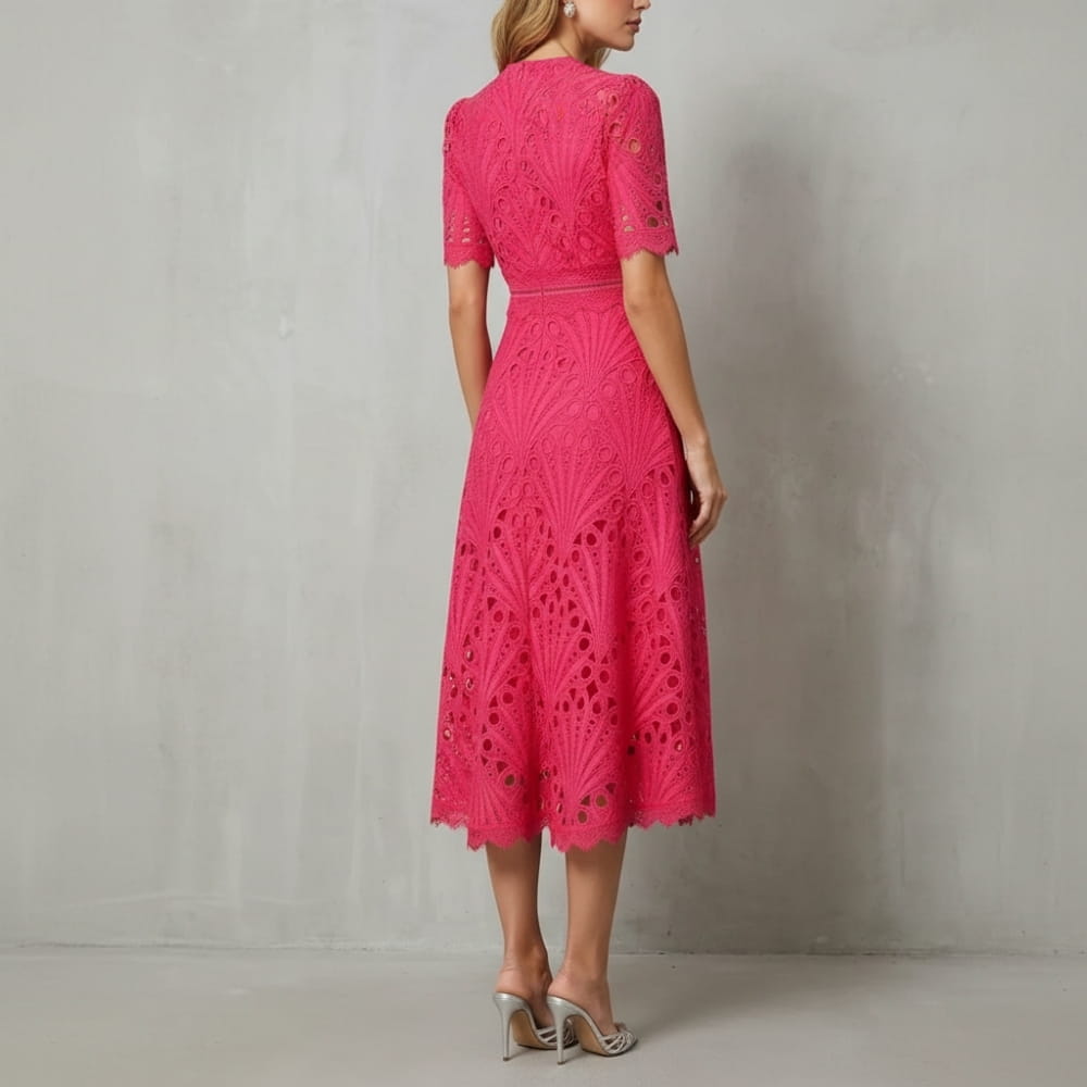Rosalind Cutwork Lace Midi Dress – Elegant A-Line Floral Evening Occasion Wear