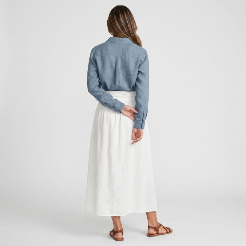 Sofia Linen Two-Piece Set – Lapel Shirt Top Tie Bow Midi Skirt Casual Smart Office Outfit