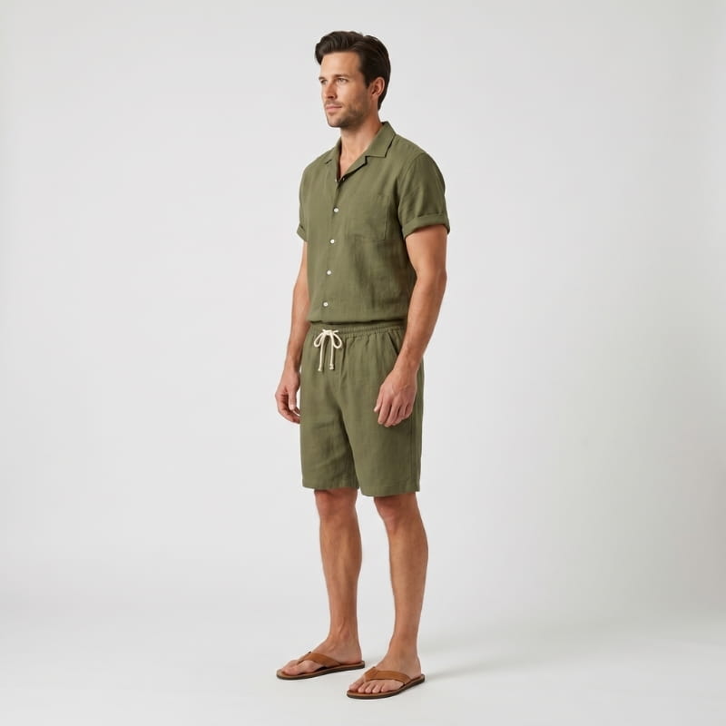 Leon Linen Two-Piece Set – Cuban Collar Shirt Drawstring Shorts Relaxed Summer Casual Outfit