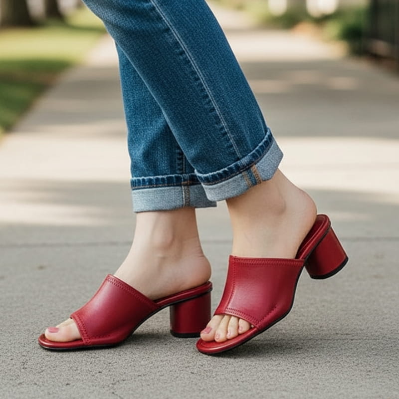 Angela Leather Open Toe Block Heel Mules – Square Toe Mid Heel Elegant Slip On Shoes