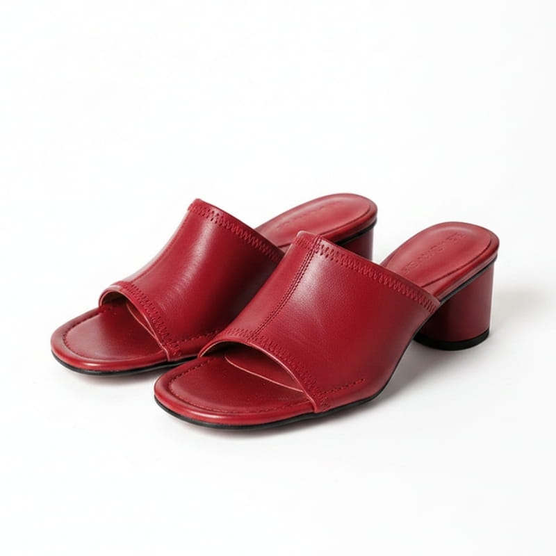 Angela Leather Open Toe Block Heel Mules – Square Toe Mid Heel Elegant Slip On Shoes