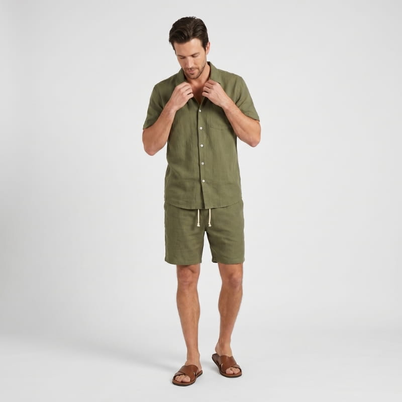 Leon Linen Two-Piece Set – Cuban Collar Shirt Drawstring Shorts Relaxed Summer Casual Outfit