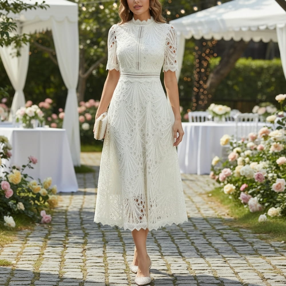 Rosalind Cutwork Lace Midi Dress – Elegant A-Line Floral Evening Occasion Wear