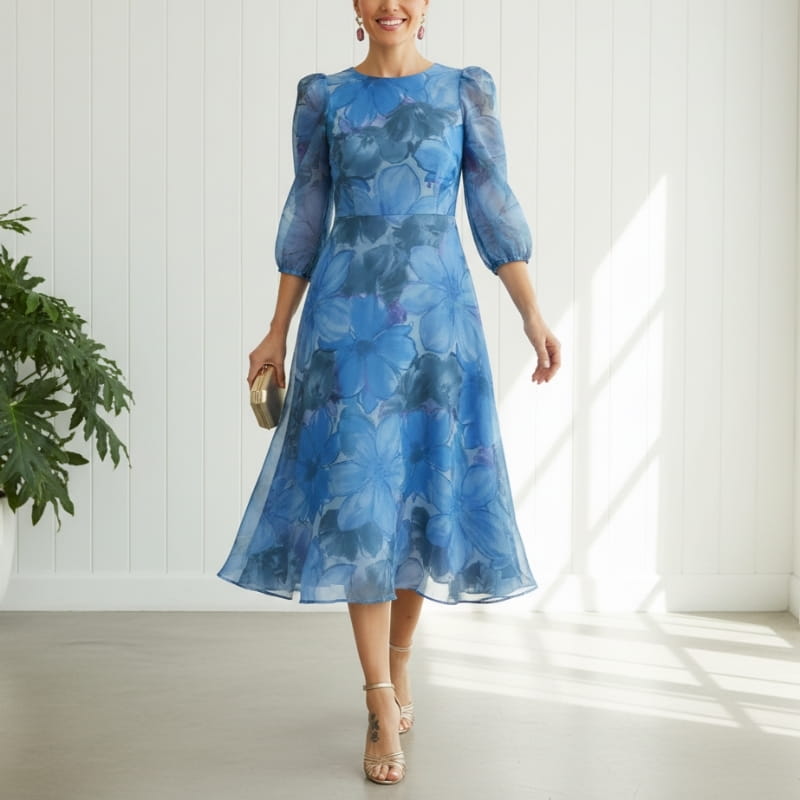 Raiza Floral Chiffon Midi Dress – Sheer Sleeve Romantic Occasion Silhouette