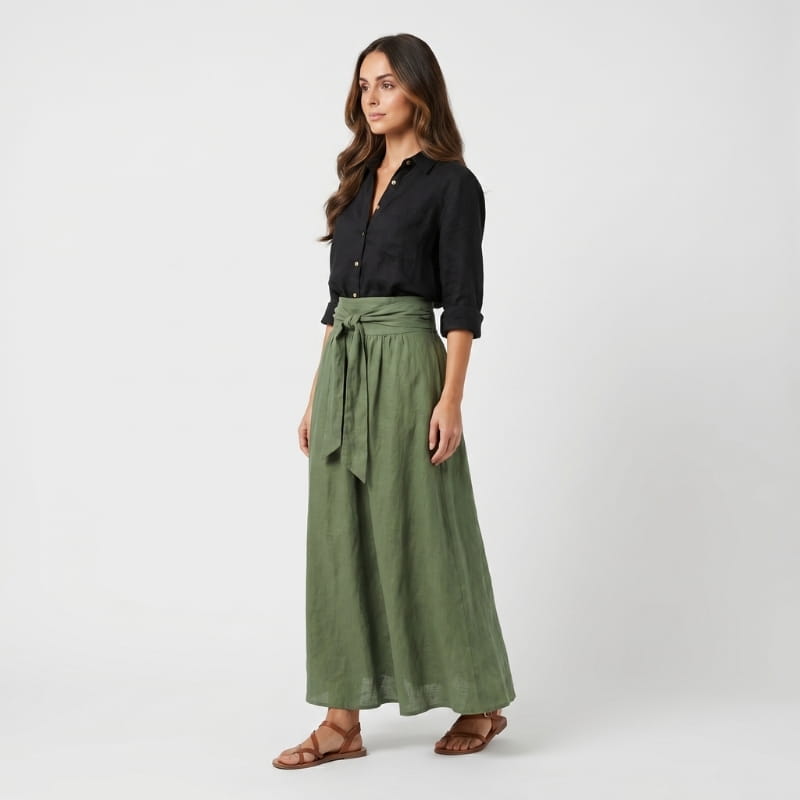 Sofia Linen Two-Piece Set – Lapel Shirt Top Tie Bow Midi Skirt Casual Smart Office Outfit
