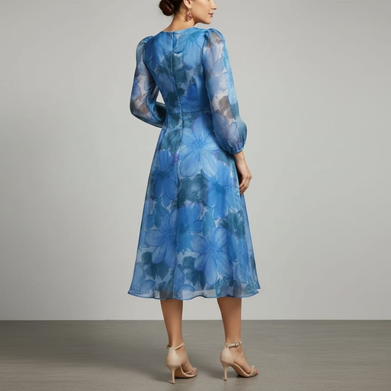 Raiza Floral Chiffon Midi Dress – Sheer Sleeve Romantic Occasion Silhouette