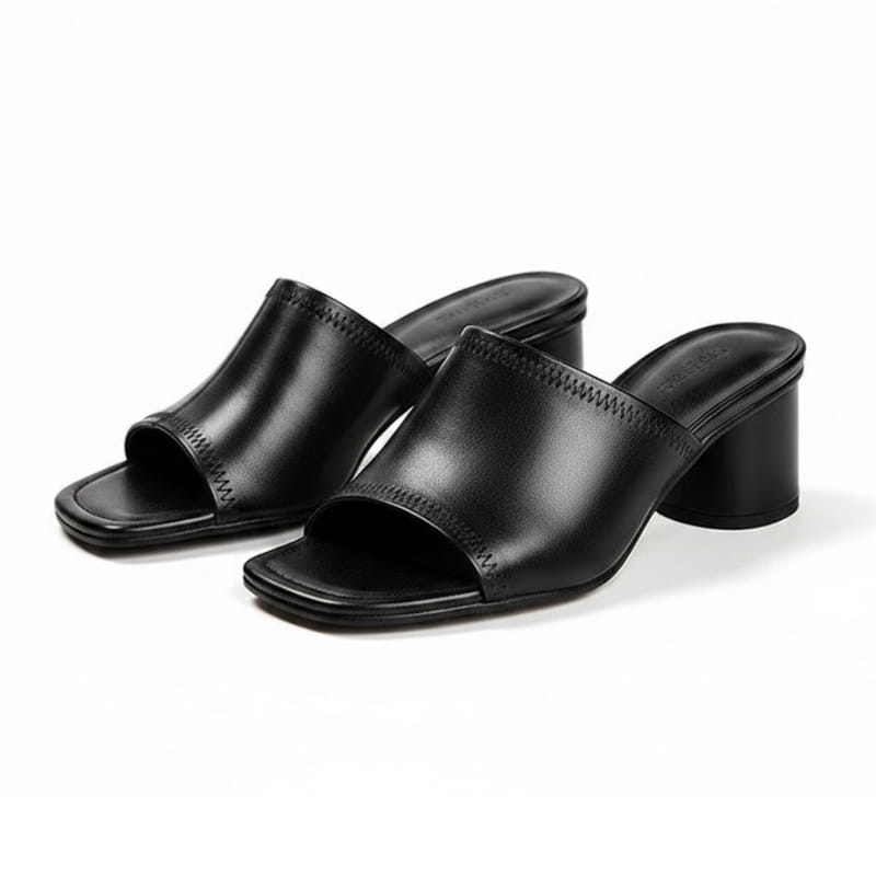 Angela Leather Open Toe Block Heel Mules – Square Toe Mid Heel Elegant Slip On Shoes