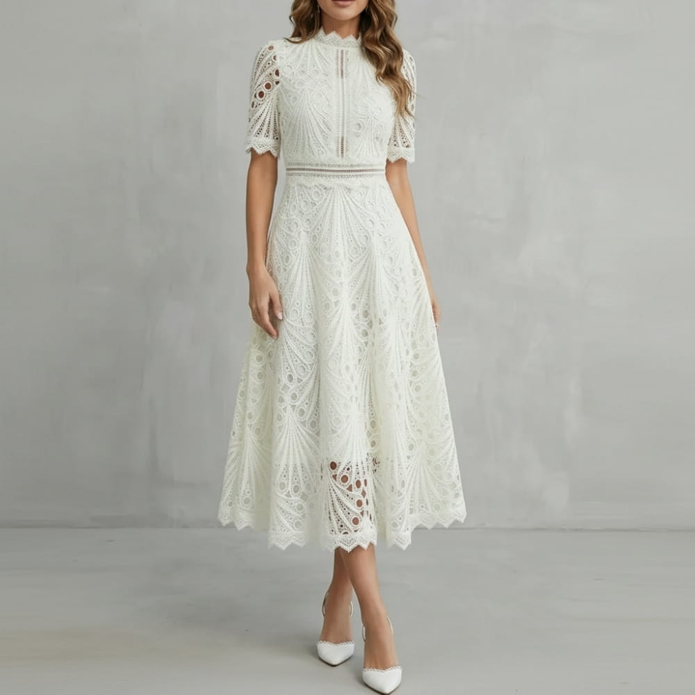 Rosalind Cutwork Lace Midi Dress – Elegant A-Line Floral Evening Occasion Wear
