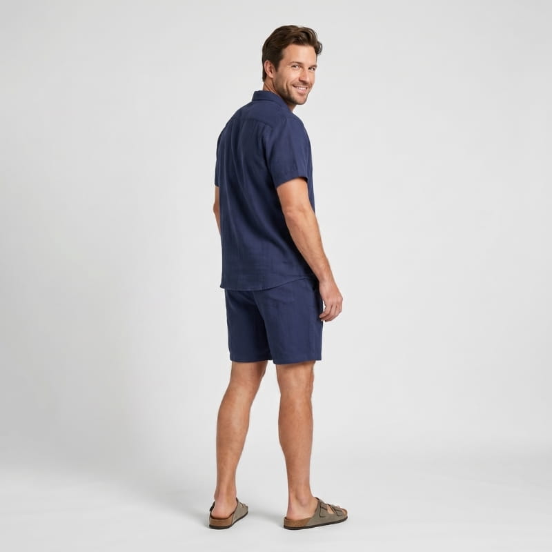 Leon Linen Two-Piece Set – Cuban Collar Shirt Drawstring Shorts Relaxed Summer Casual Outfit