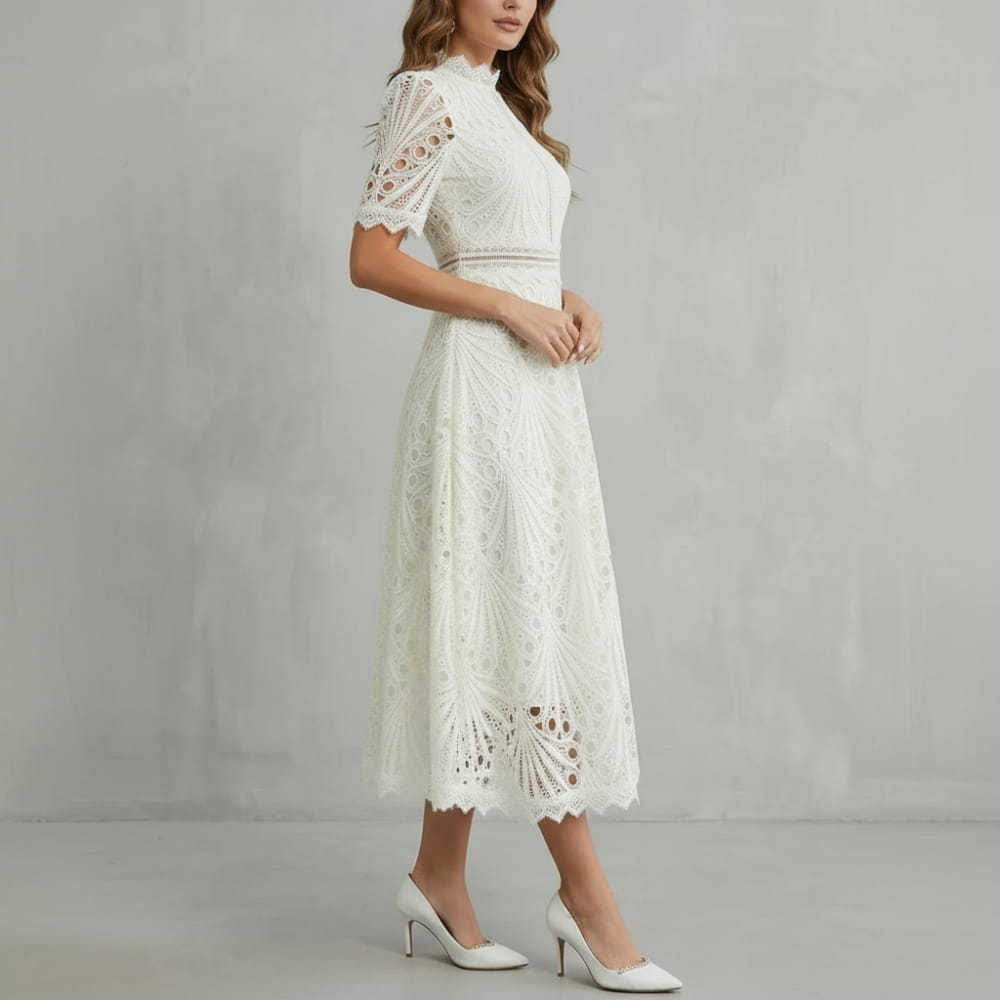 Rosalind Cutwork Lace Midi Dress – Elegant A-Line Floral Evening Occasion Wear