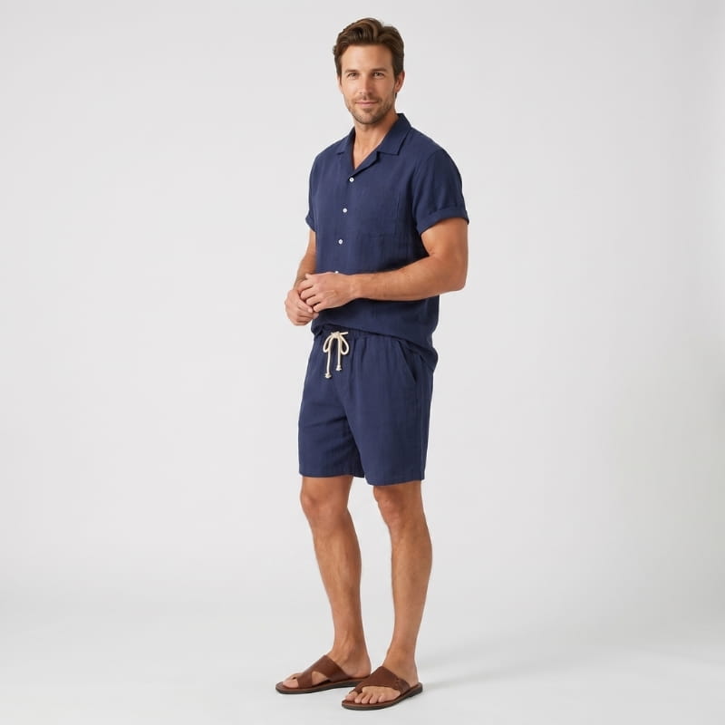 Leon Linen Two-Piece Set – Cuban Collar Shirt Drawstring Shorts Relaxed Summer Casual Outfit