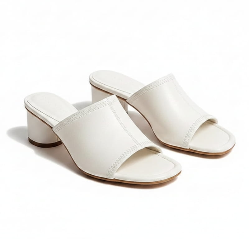 Angela Leather Open Toe Block Heel Mules – Square Toe Mid Heel Elegant Slip On Shoes