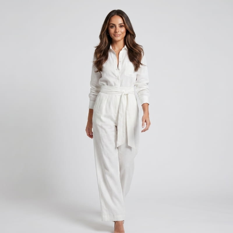 Jessy Linen Wide Leg Jumpsuit – Shirt Collar Self-Tie Belt Long Sleeve Elegant Casual Outfit