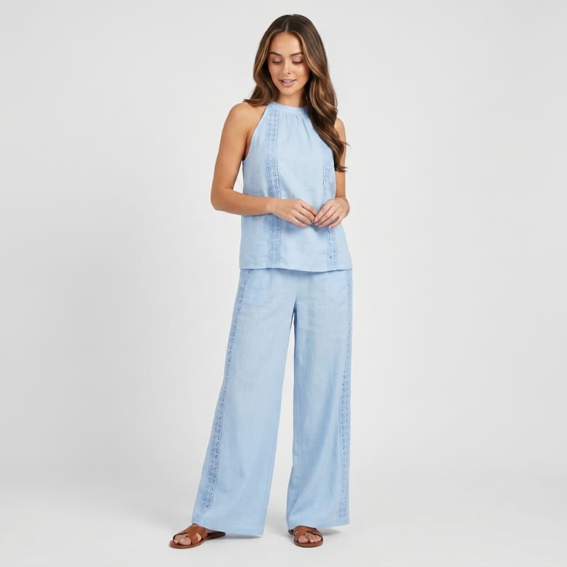 Fiora Linen Two-Piece Set – Halter Neck Lace Trim Top Wide Leg Trouser Elegant Resort Outfit