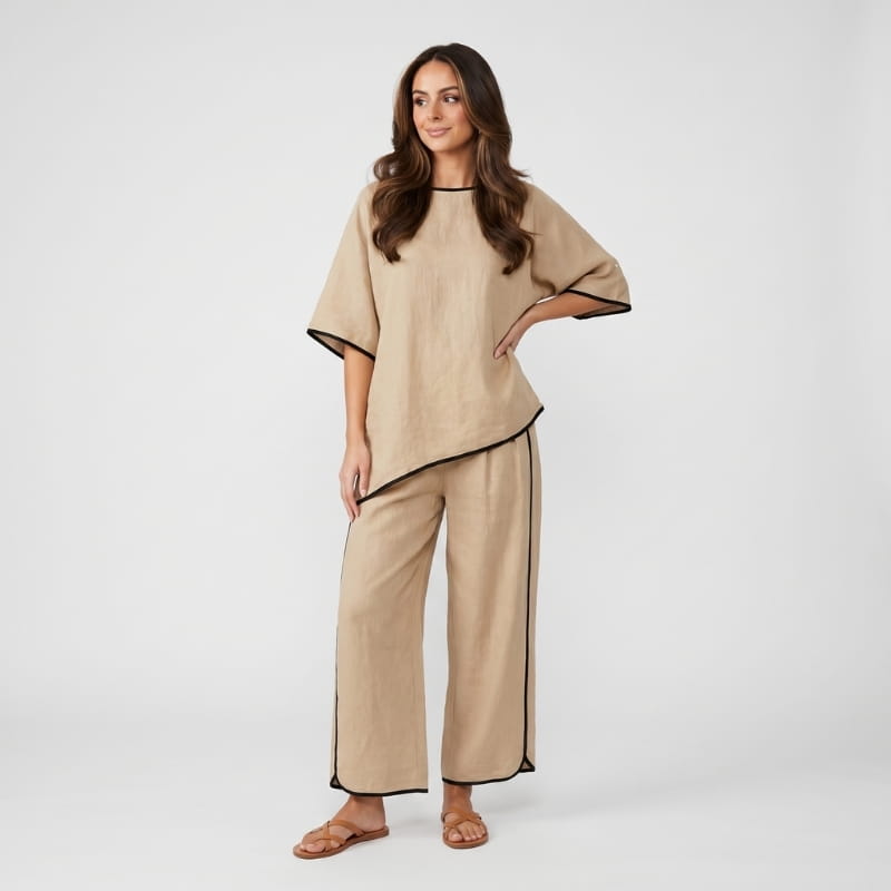 Alona Contrast Trim Linen Two-Piece Set – Round Neck Oversized Top Cropped Wide Leg Outfit
