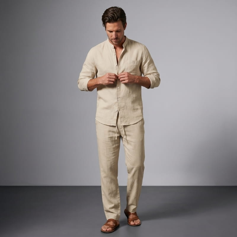 Felix Linen Two-Piece Set – Band Collar Shirt Wide Leg Elastic Waist Relaxed Casual Outfit