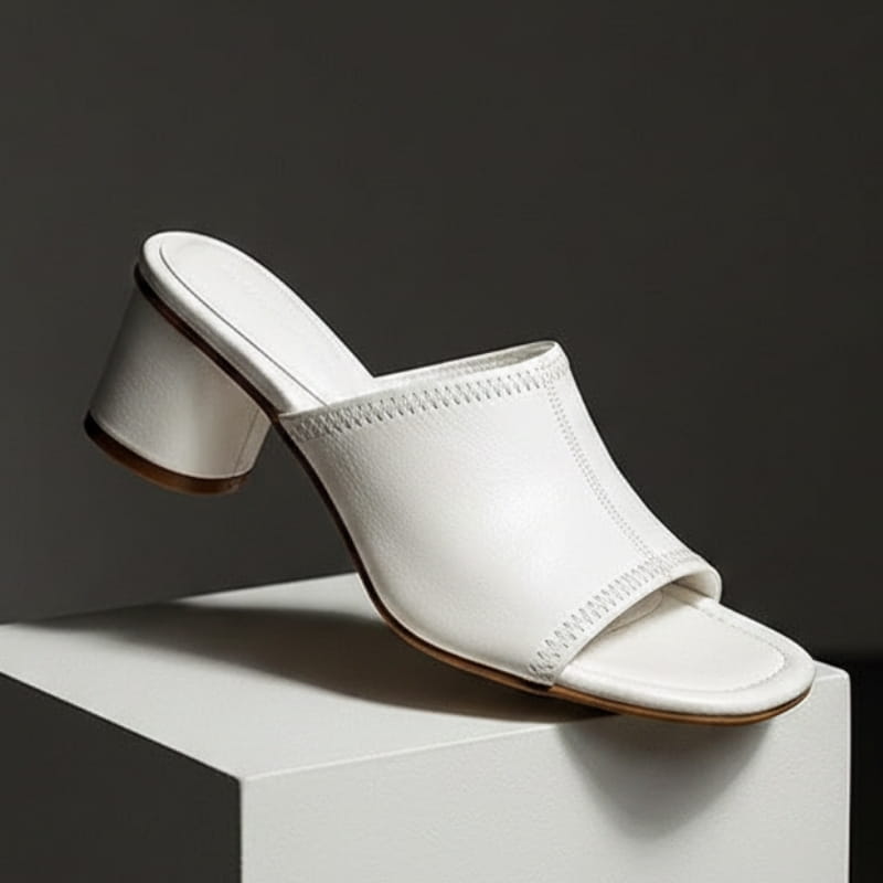 Angela Leather Open Toe Block Heel Mules – Square Toe Mid Heel Elegant Slip On Shoes