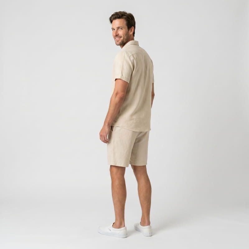 Leon Linen Two-Piece Set – Cuban Collar Shirt Drawstring Shorts Relaxed Summer Casual Outfit