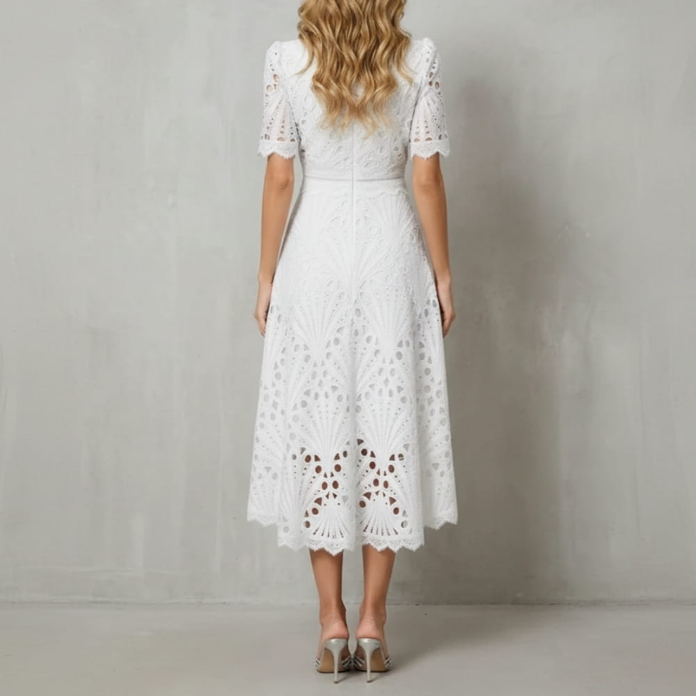 Rosalind Cutwork Lace Midi Dress – Elegant A-Line Floral Evening Occasion Wear