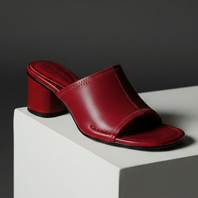 Angela Leather Open Toe Block Heel Mules – Square Toe Mid Heel Elegant Slip On Shoes