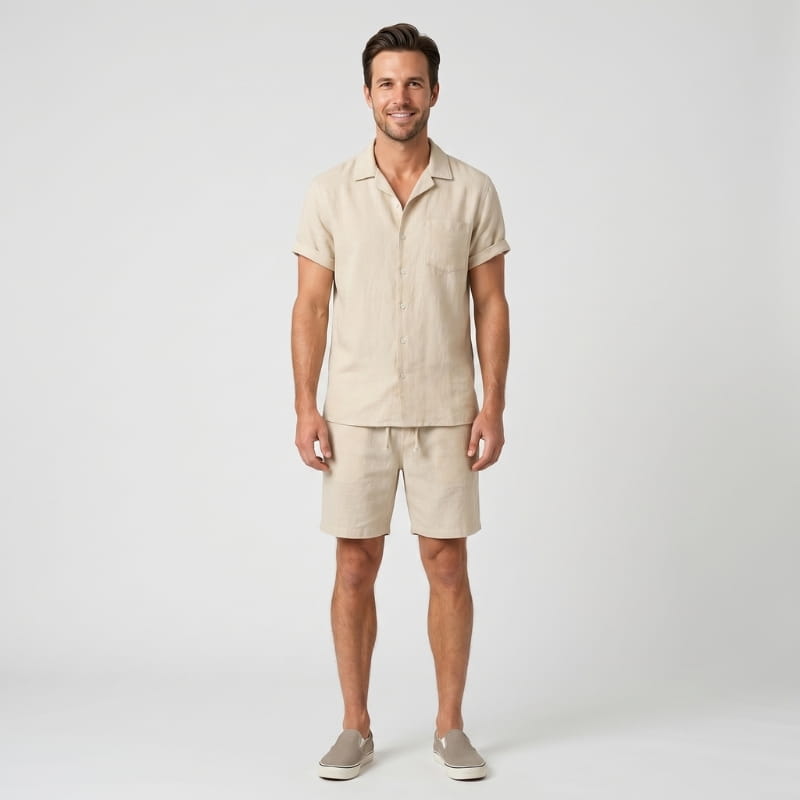 Leon Linen Two-Piece Set – Cuban Collar Shirt Drawstring Shorts Relaxed Summer Casual Outfit