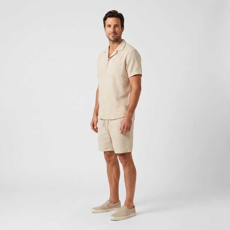 Leon Linen Two-Piece Set – Cuban Collar Shirt Drawstring Shorts Relaxed Summer Casual Outfit